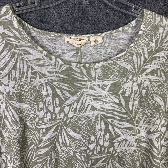 Christian Siriano 100% Linen Leaf Print Top Short Sleeve Sz 1X Asymmetrical Hem - Picture 2 of 9